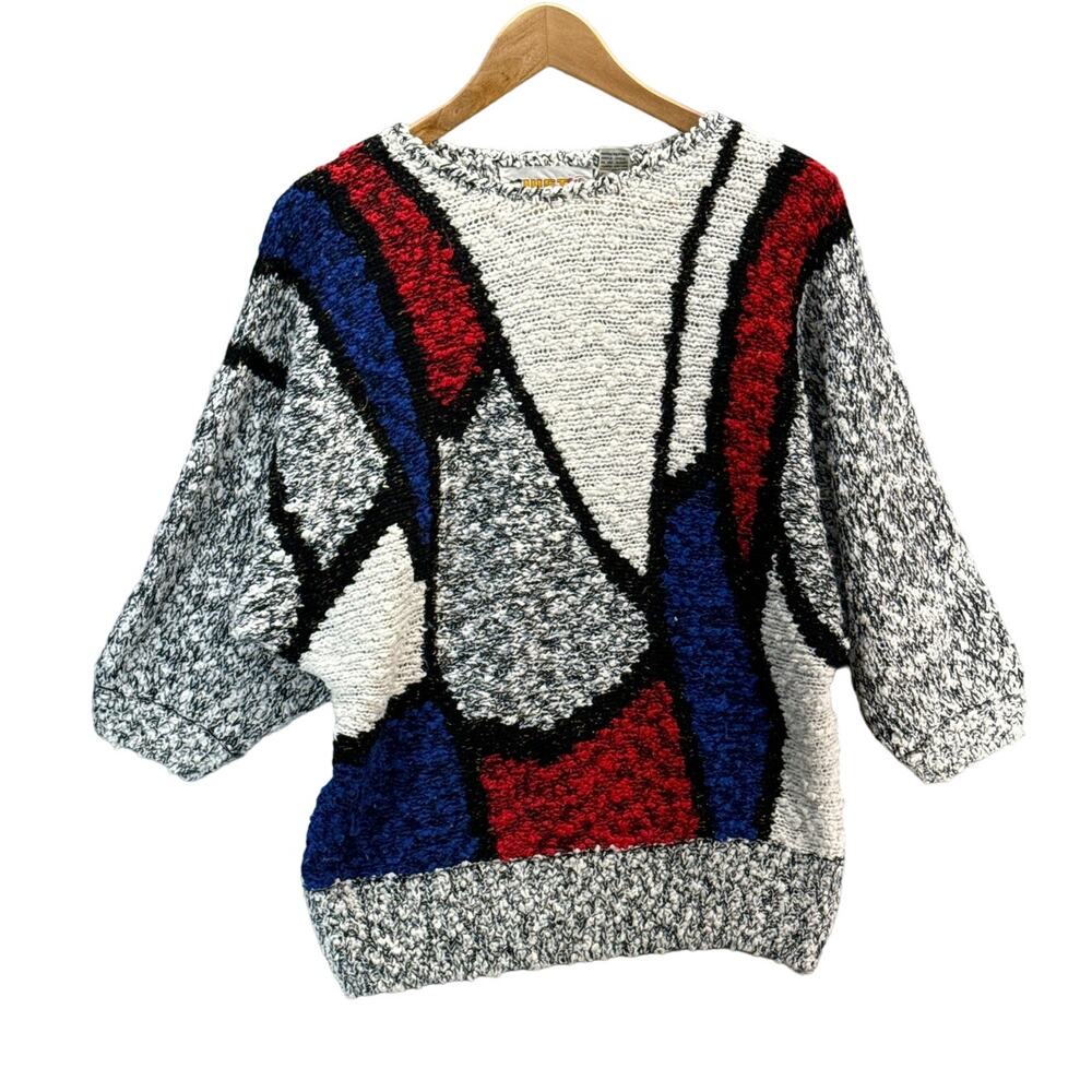 Just Cristina Vintage 80s Abstract Color Block Tunic 3/4 Sleeve Sweater Women L